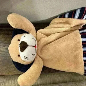 Tender Kisses Tan Puppy‎ Dog Lovey Blanket Blue Red Stripe Edge Satin Back 12x12